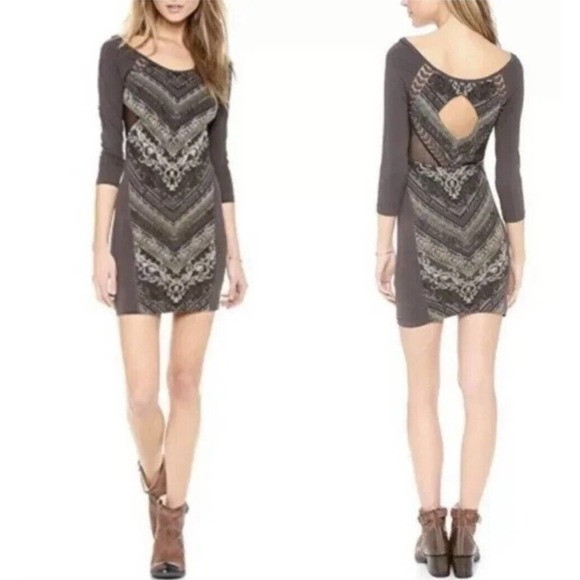 Free People Out Of Africa 3/4 Sleeve Gray Mini Dress Size S Keyhole Back Mesh - Picture 3 of 10
